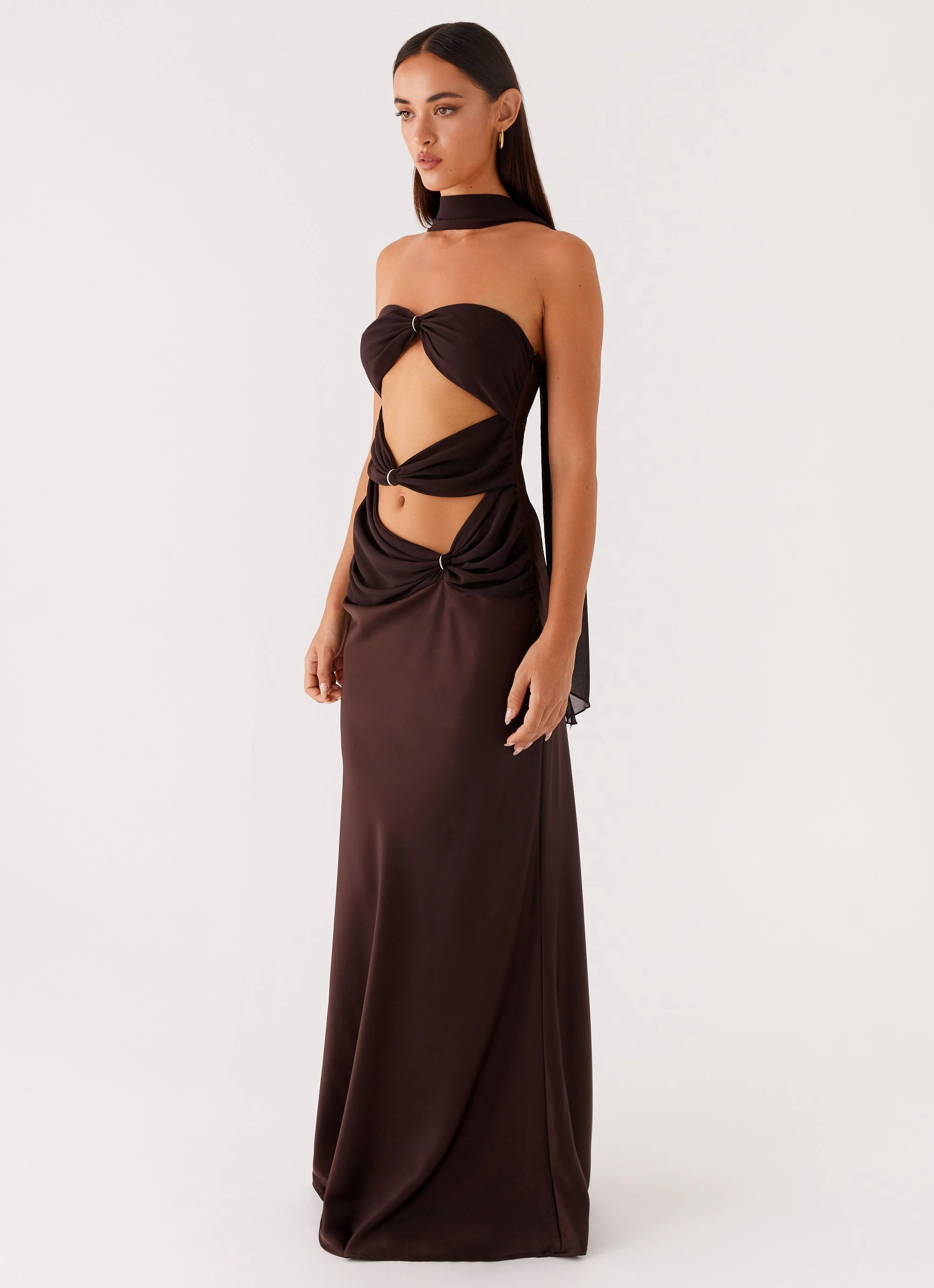 Alaine Scarf Maxi Dress - Dark Chocolate Statement Neck Puff-Sleeve