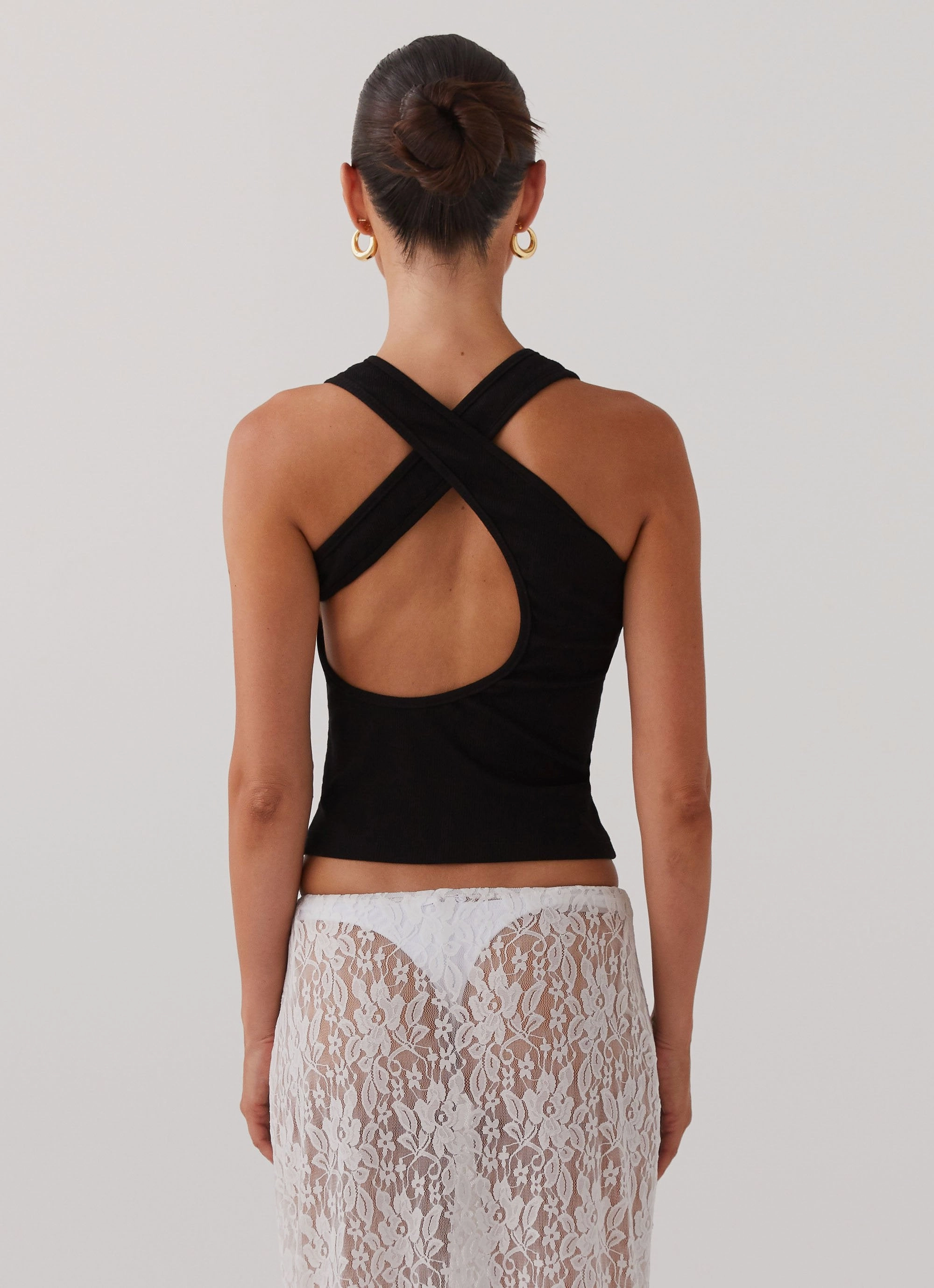 Alice Cut Out Tank Top - Black Self Fabric Tie
