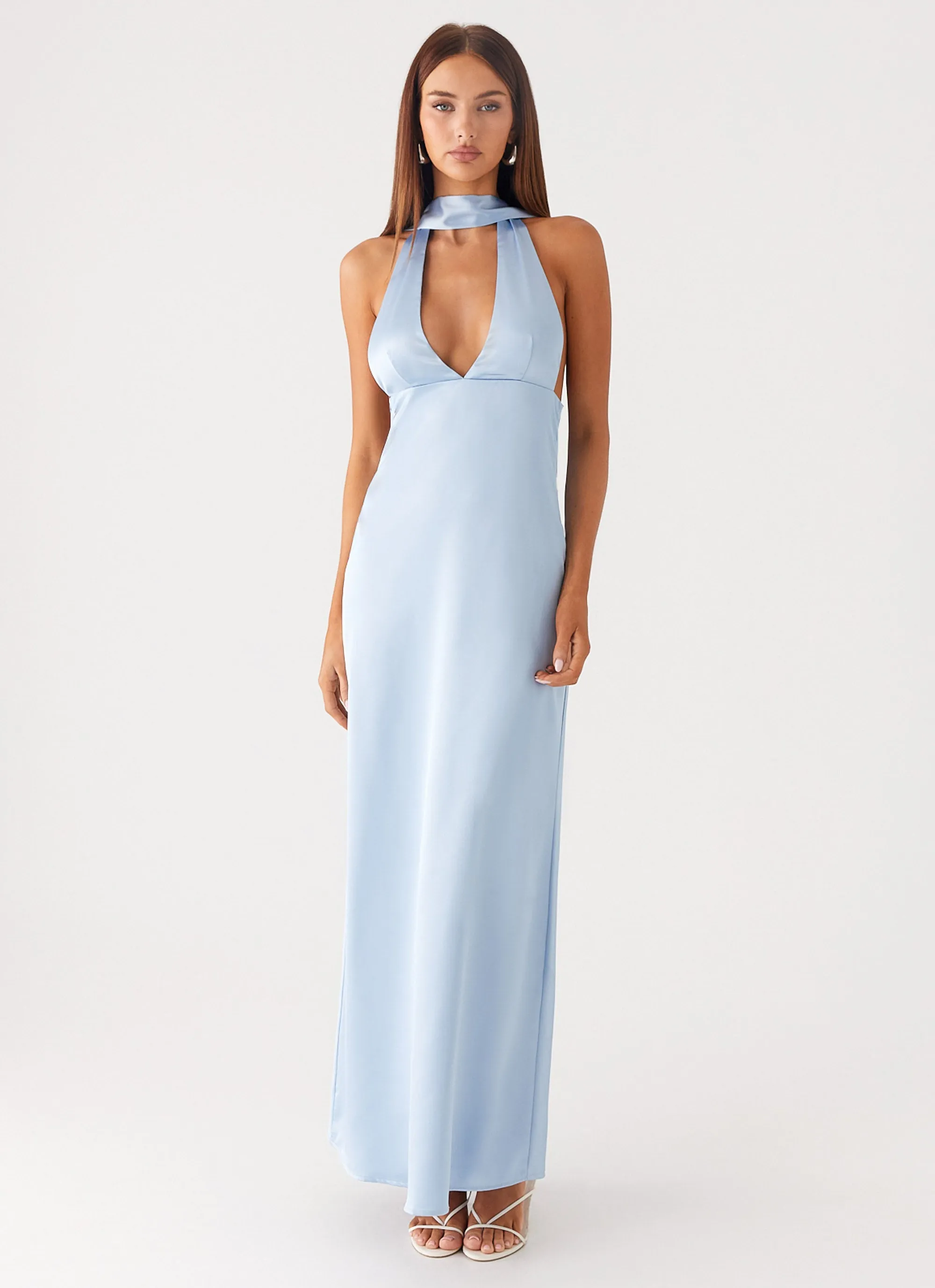 Alicia Satin Halter Maxi Dress - Baby Blue Light Fall