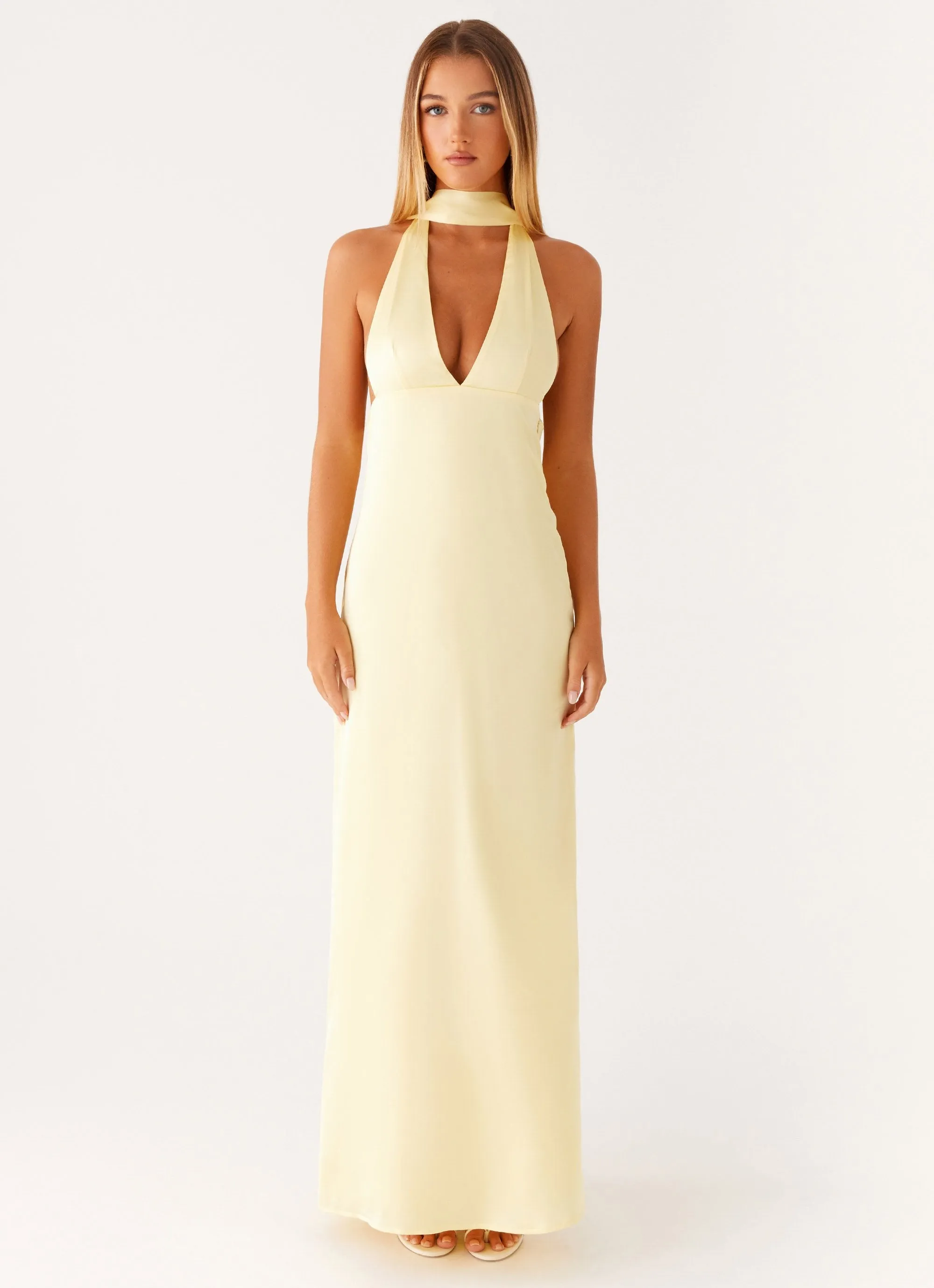 Alicia Satin Halter Maxi Dress - Yellow Boho Aesthetic Seasonal Comfort