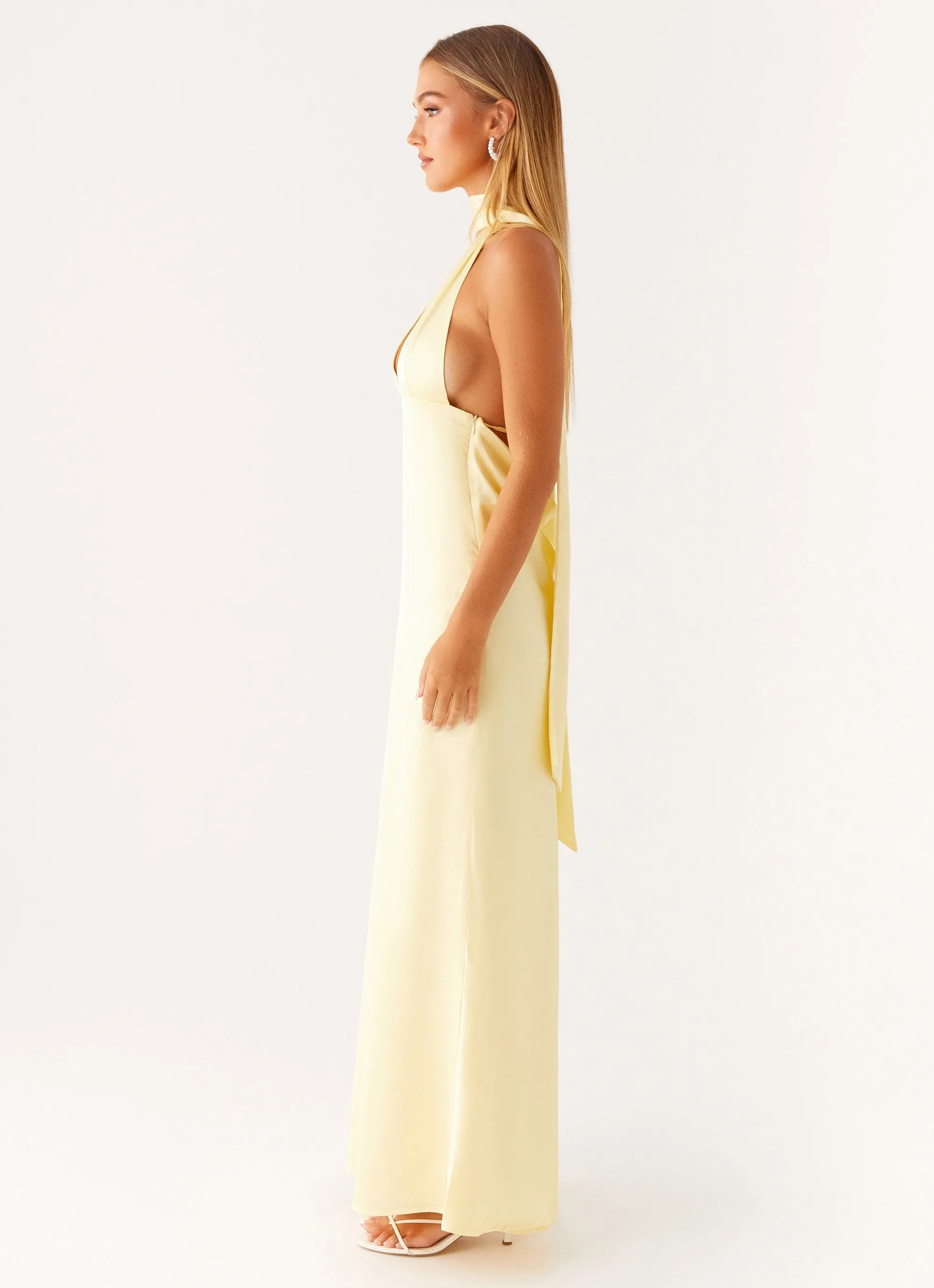 Elegant Motion Skin Glow Alicia Satin Halter Maxi Dress - Yellow
