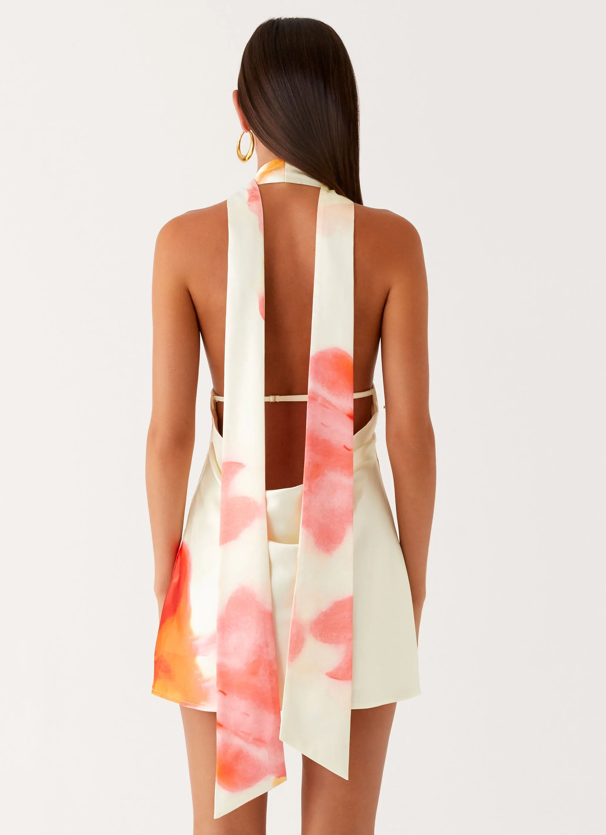 Alicia Satin Halter Mini Dress - Mimosa Blossom Form Fitting