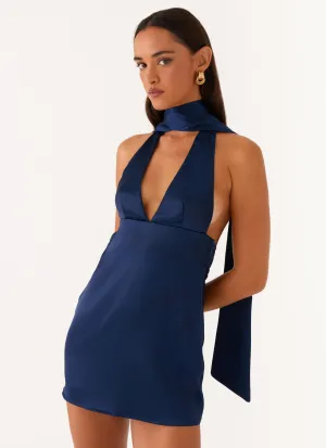 Alicia Satin Halter Mini Dress - Navy Happy Soul FlatlockSeam