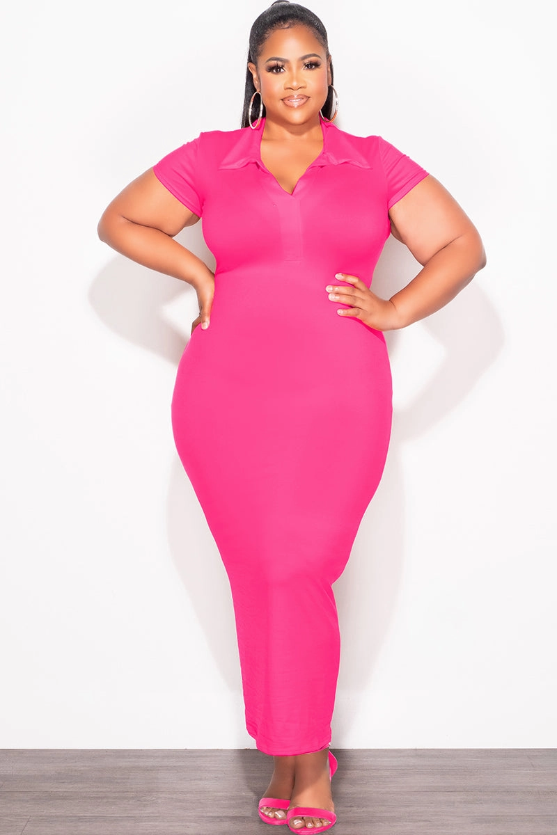 Flat Lock Stitching Active Motion Final Sale Plus Size Collar V Neck Midi Dress in Pink