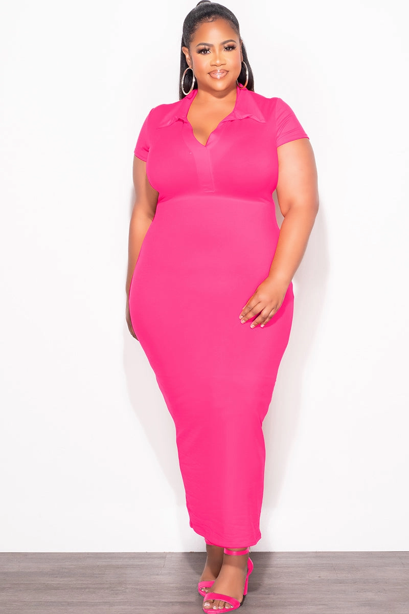 Anti Snag Fabric Final Sale Plus Size Collar V Neck Midi Dress in Pink