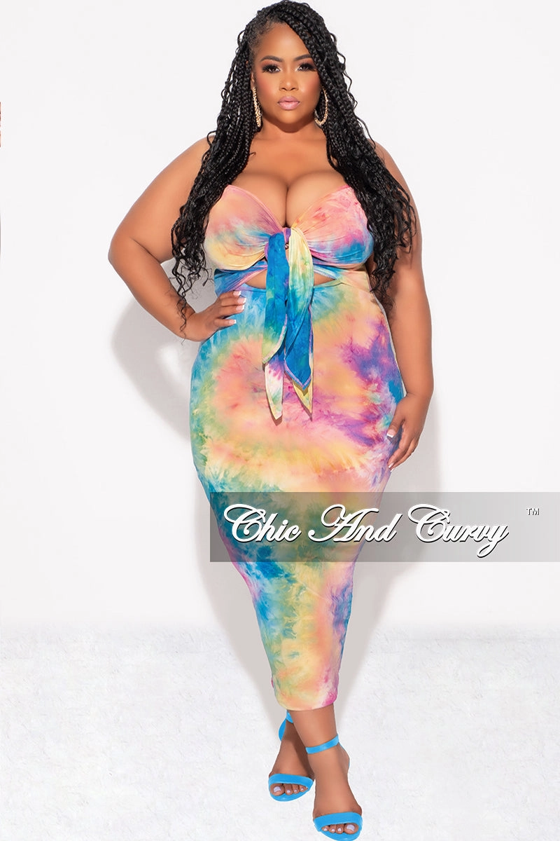 Final Sale Plus Size Strapless Bodycon Dress with Double Tie in Rainbow Cloud Tie Dye Print Durable Hem