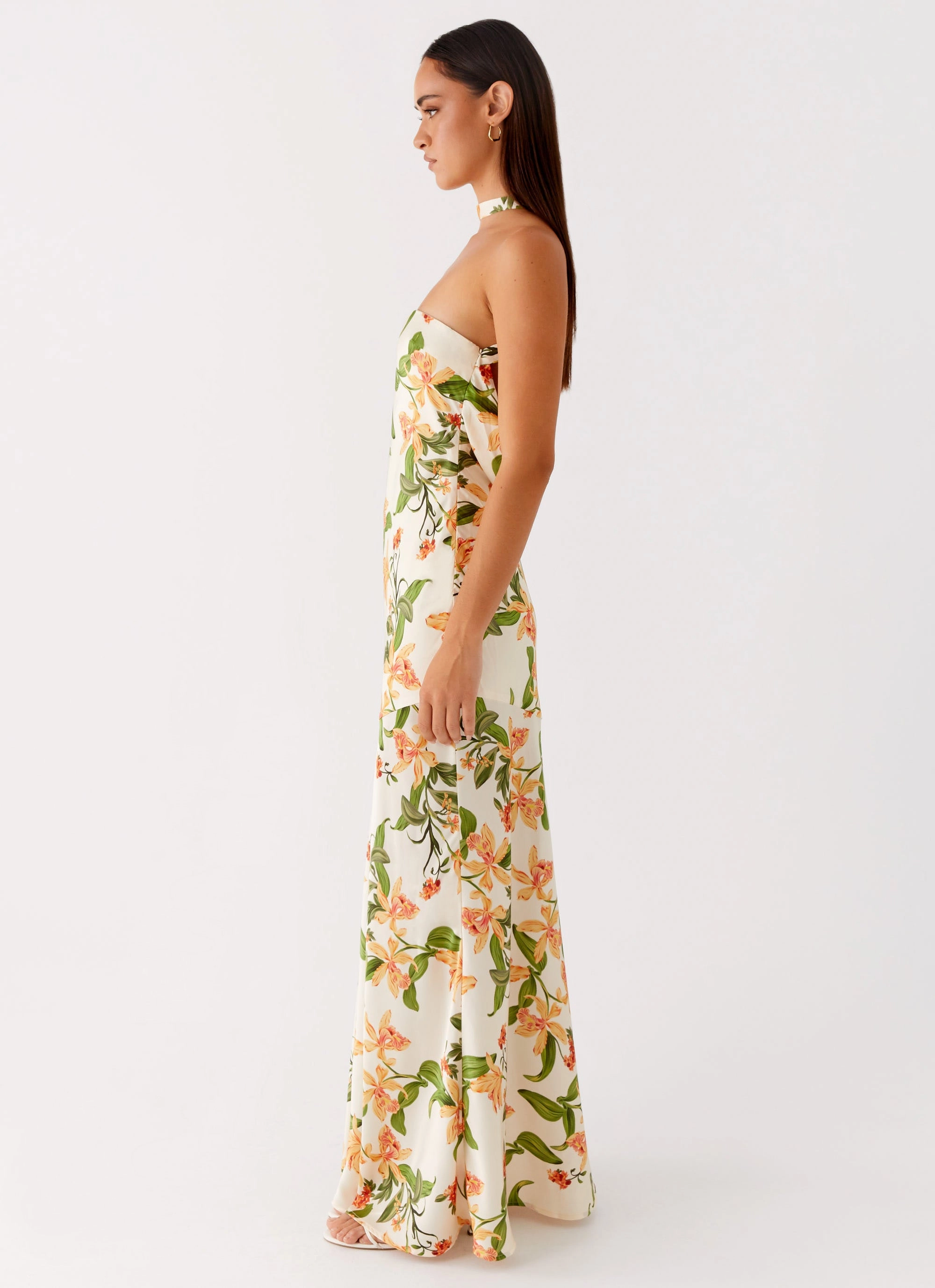Damali Satin Maxi Dress - Floral Print Drawstring-Closure Relaxed and stylish