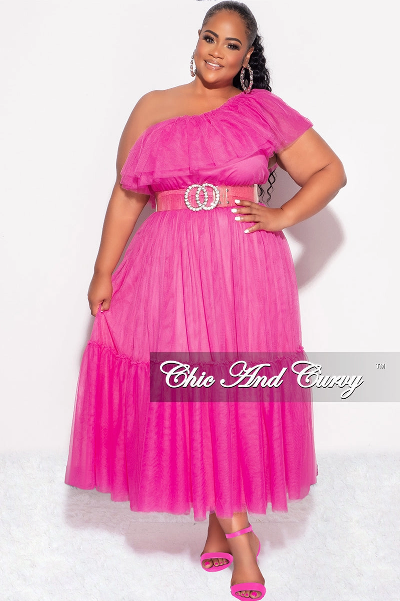 Final Sale Plus Size One Shoulder Mesh Dress in Pink Recyclable Fabric Blend