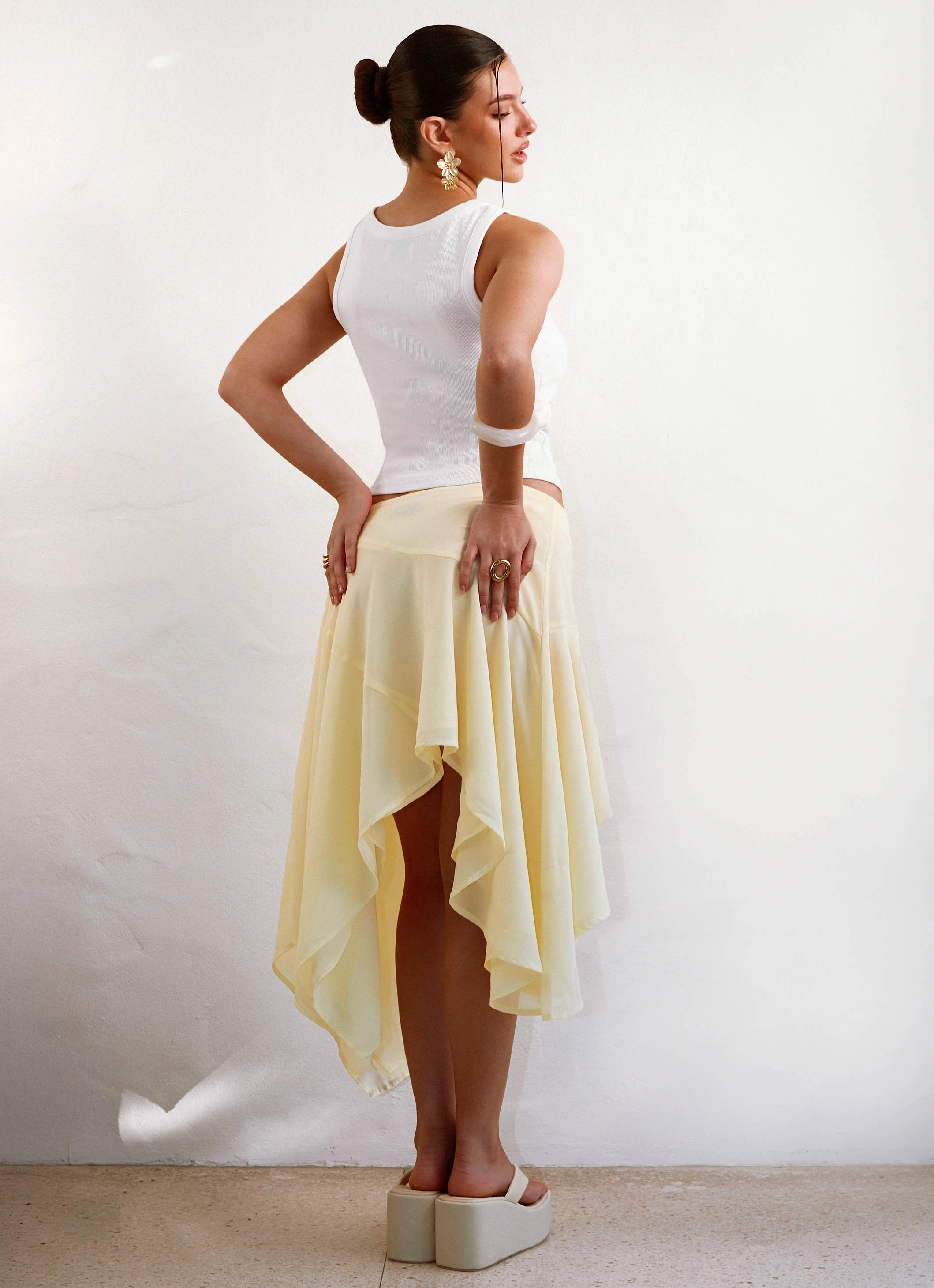Kia Low Rise Asymmetrical Midi Skirt - Yellow Cozy Fit