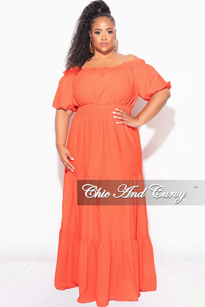 High-waisted fit Final Sale Plus Size Off the Shoulder Frill Tiered Maxi Dress with Slit in Burnt Orange Tomato Red