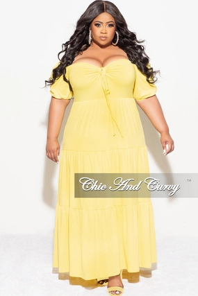 All terrain Flattering Comfort Wear Final Sale Plus Size Short Sleeve Tiered Maxi Dress in Yellow
