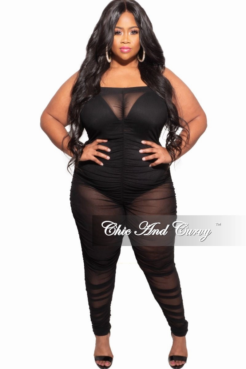 Final Sale Plus Size Strapless Mesh Jumpsuit in Black Quick Dry Fabric Sporty Fit Design