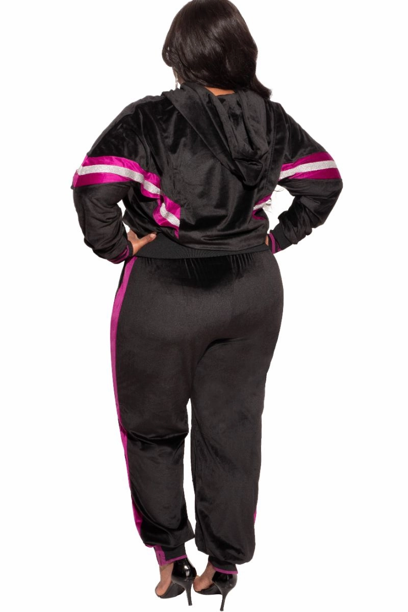 Final Sale Plus Size Long Sleeve Hooded Jogging Set in Black ReinforcedStitching