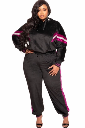 Final Sale Plus Size Long Sleeve Hooded Jogging Set in Black AntiStaticTreatment Weather Ready