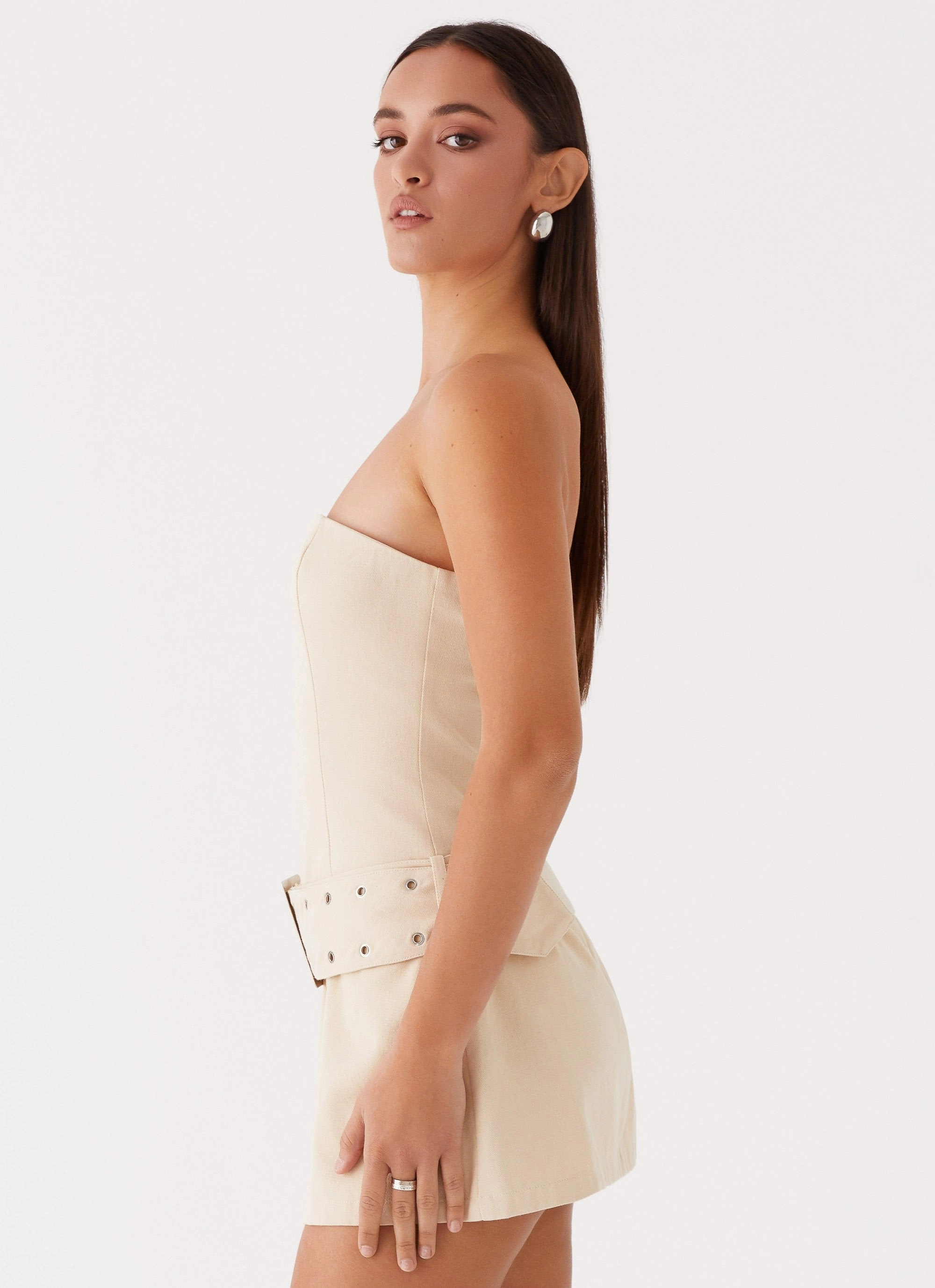 All For You Strapless Mini Dress - Ivory Front-Zip Wrinkle-Free-Finish