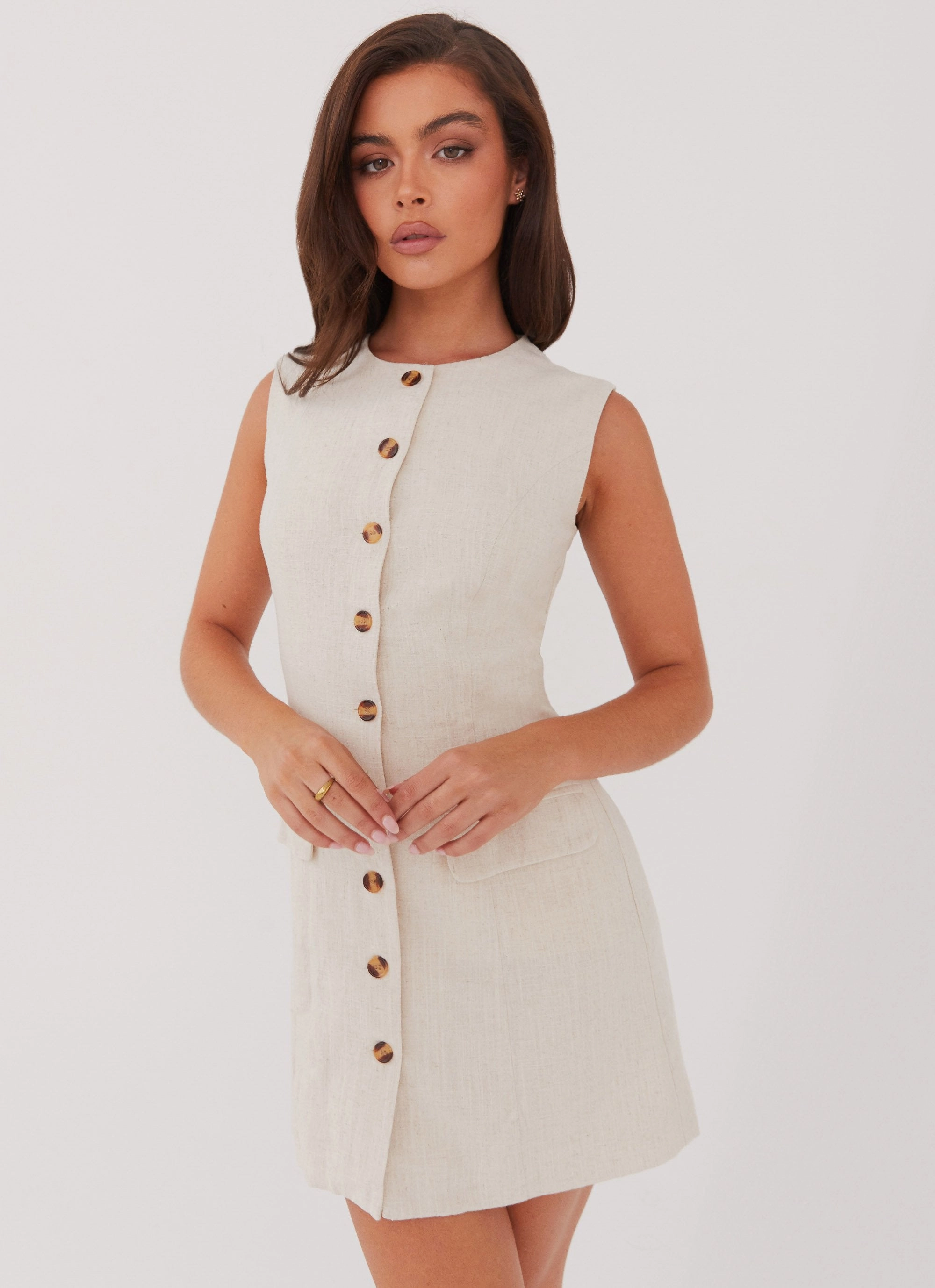 Pastel Sky Lace-Sleeve Castello Fiore Linen Mini Dress - Oatmeal
