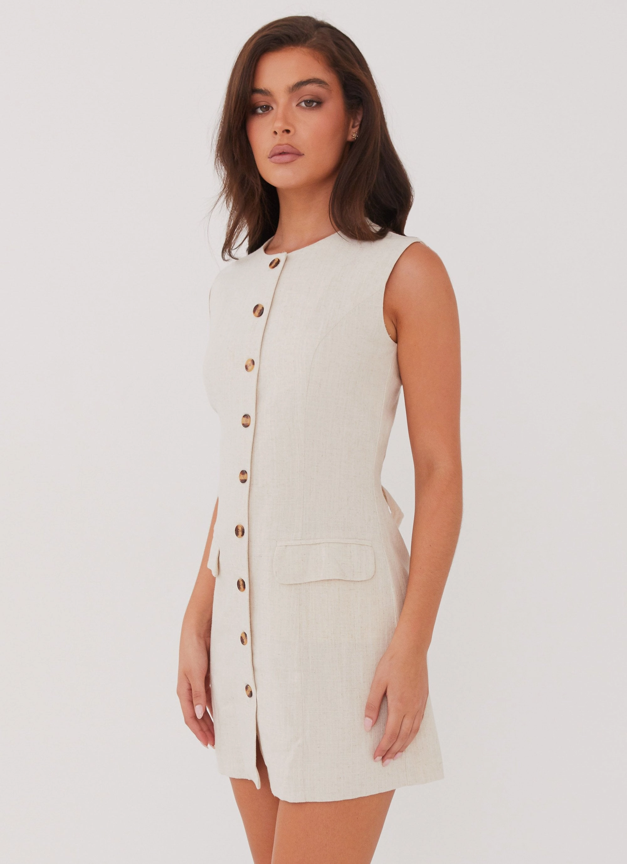 Castello Fiore Linen Mini Dress - Oatmeal Pearl-Detail