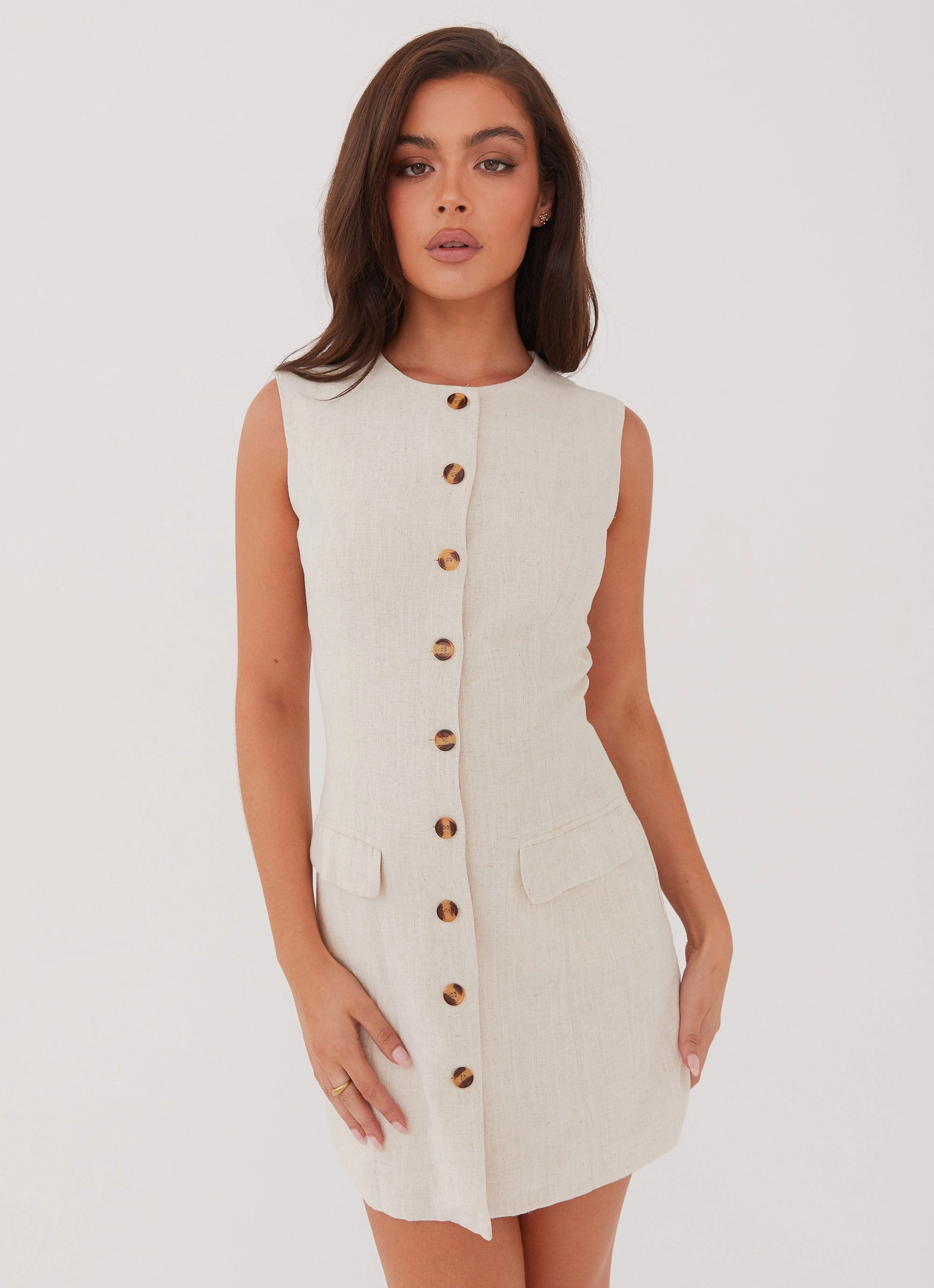Castello Fiore Linen Mini Dress - Oatmeal Layered Fit Versatile party outfit