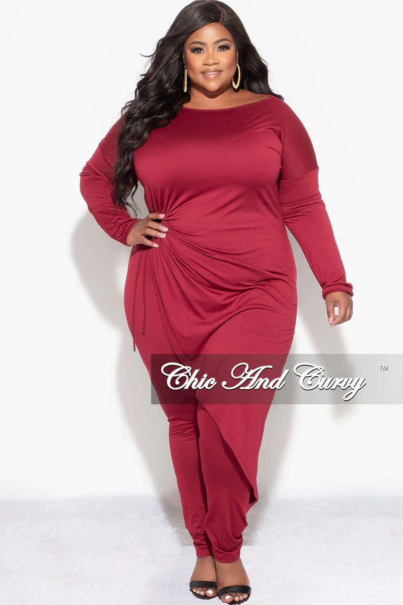 Final Sale Plus Size 2pc High-Low Top and Pants in Burgundy Laser cut ElasticWaistband