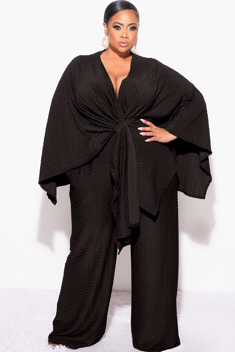 Final Sale Plus Size 2pc Honeycomb Texture Top and Pants Set in Black RecycledPolyester Barrel Waist