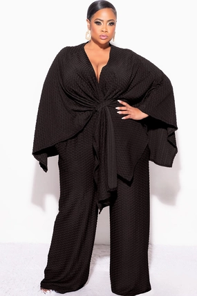 Final Sale Plus Size 2pc Honeycomb Texture Top and Pants Set in Black RecycledPolyester Barrel Waist