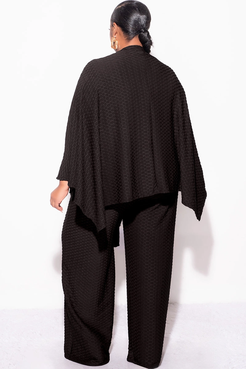 Stretch Motion Final Sale Plus Size 2pc Honeycomb Texture Top and Pants Set in Black