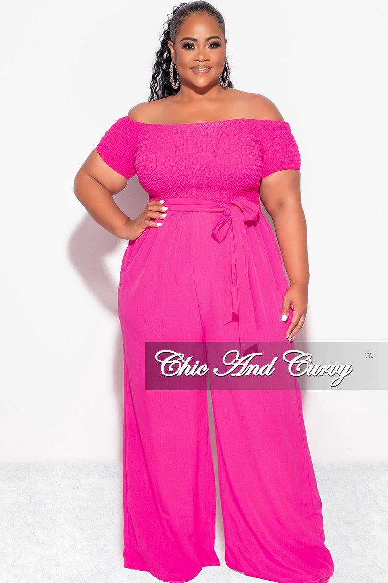 Final Sale Plus Size Short Sleeve Frill Jumpsuit with Attached Tie in Fuchsia Active Comfort