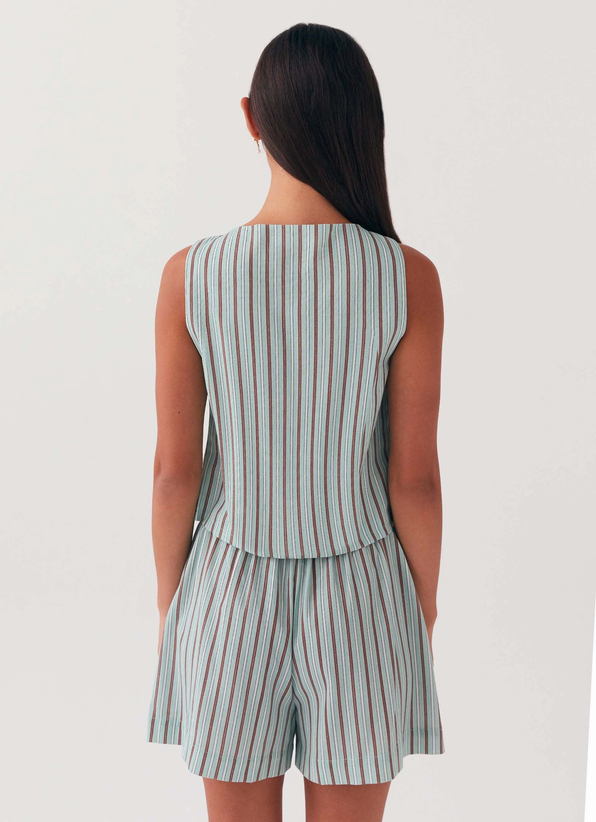 Stretch Comfort Breathable mesh design Allania Linen Shorts - Coastal Stripe