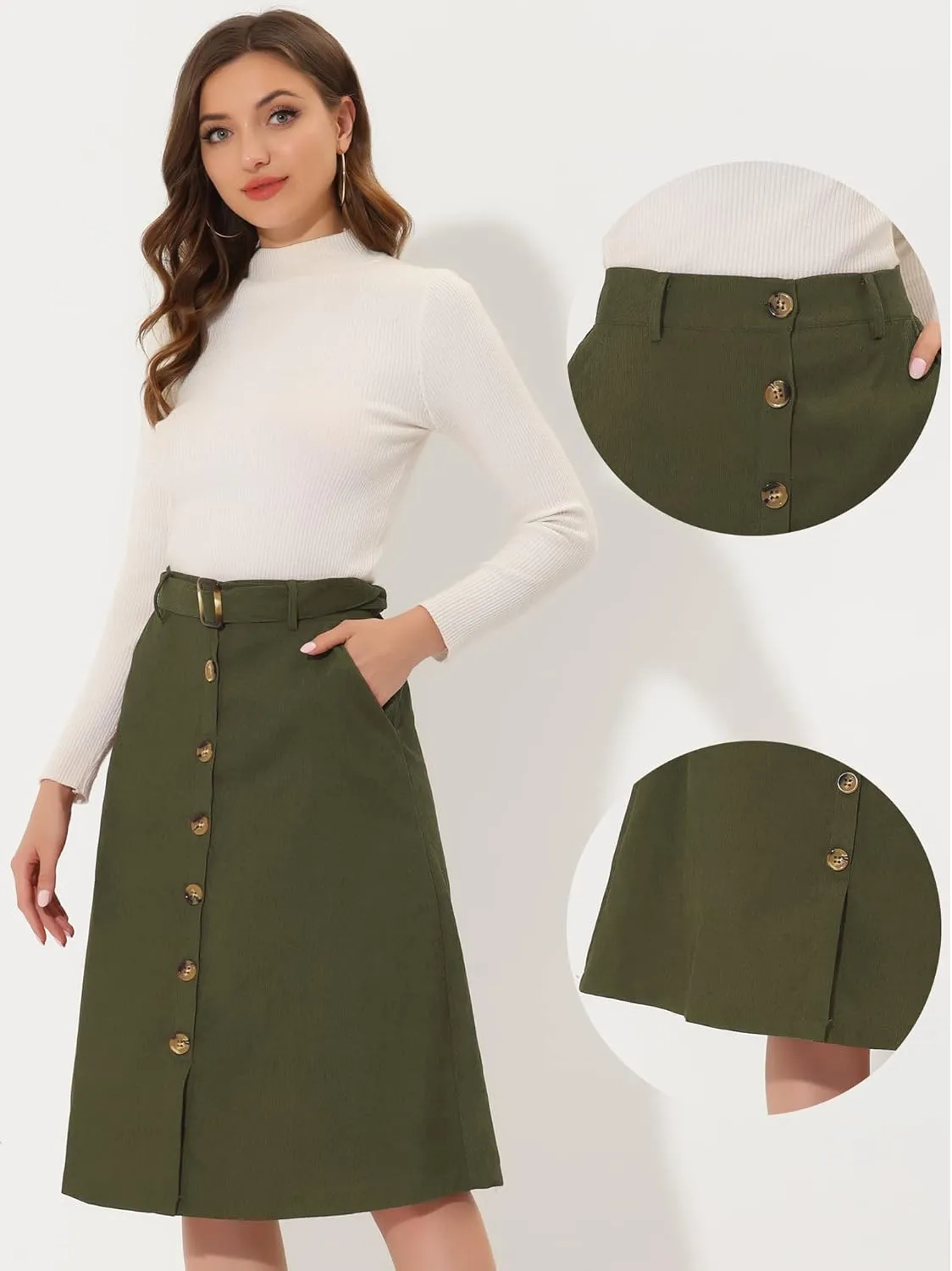 Allegra K High Waist Skirts for Women's Button Front Belted Corduroy Midi Skirt