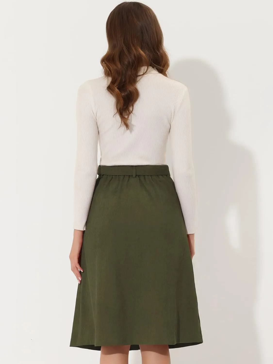 Allegra K High Waist Skirts for Women's Button Front Belted Corduroy Midi Skirt