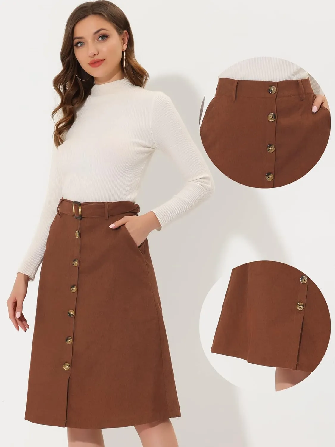 Allegra K High Waist Skirts for Women's Button Front Belted Corduroy Midi Skirt