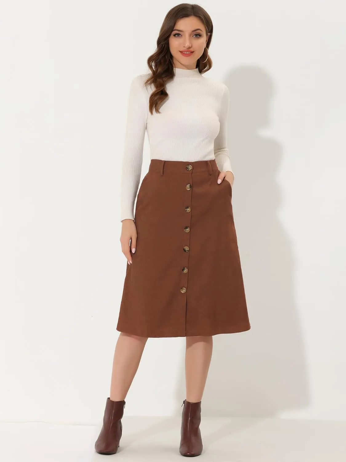 Allegra K High Waist Skirts for Women's Button Front Belted Corduroy Midi Skirt