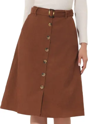 Allegra K High Waist Skirts for Women's Button Front Belted Corduroy Midi Skirt