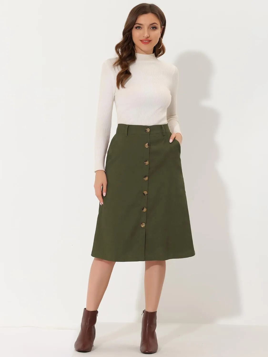 Allegra K High Waist Skirts for Women's Button Front Belted Corduroy Midi Skirt