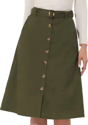 Allegra K High Waist Skirts for Women's Button Front Belted Corduroy Midi Skirt