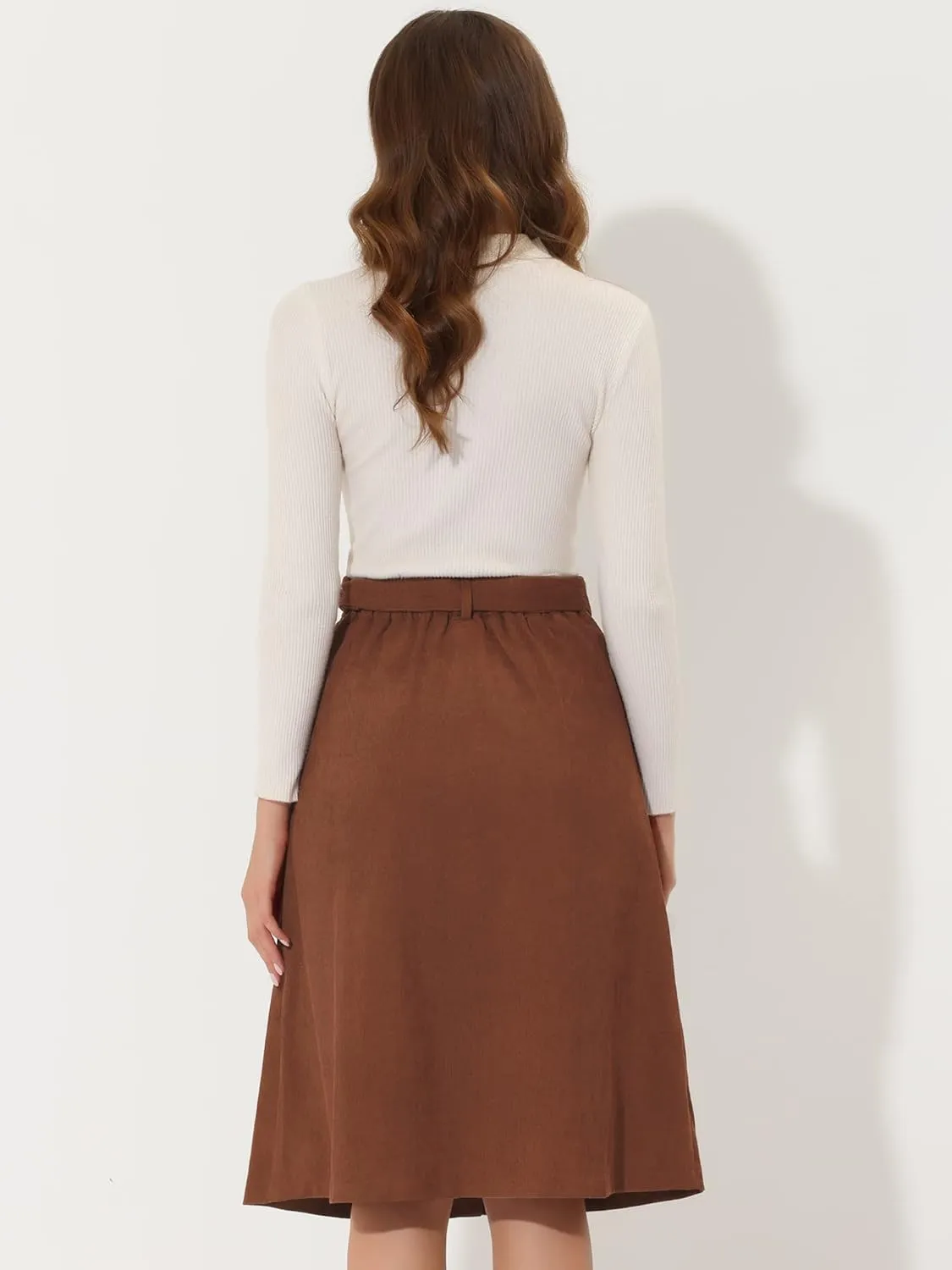 Allegra K High Waist Skirts for Women's Button Front Belted Corduroy Midi Skirt