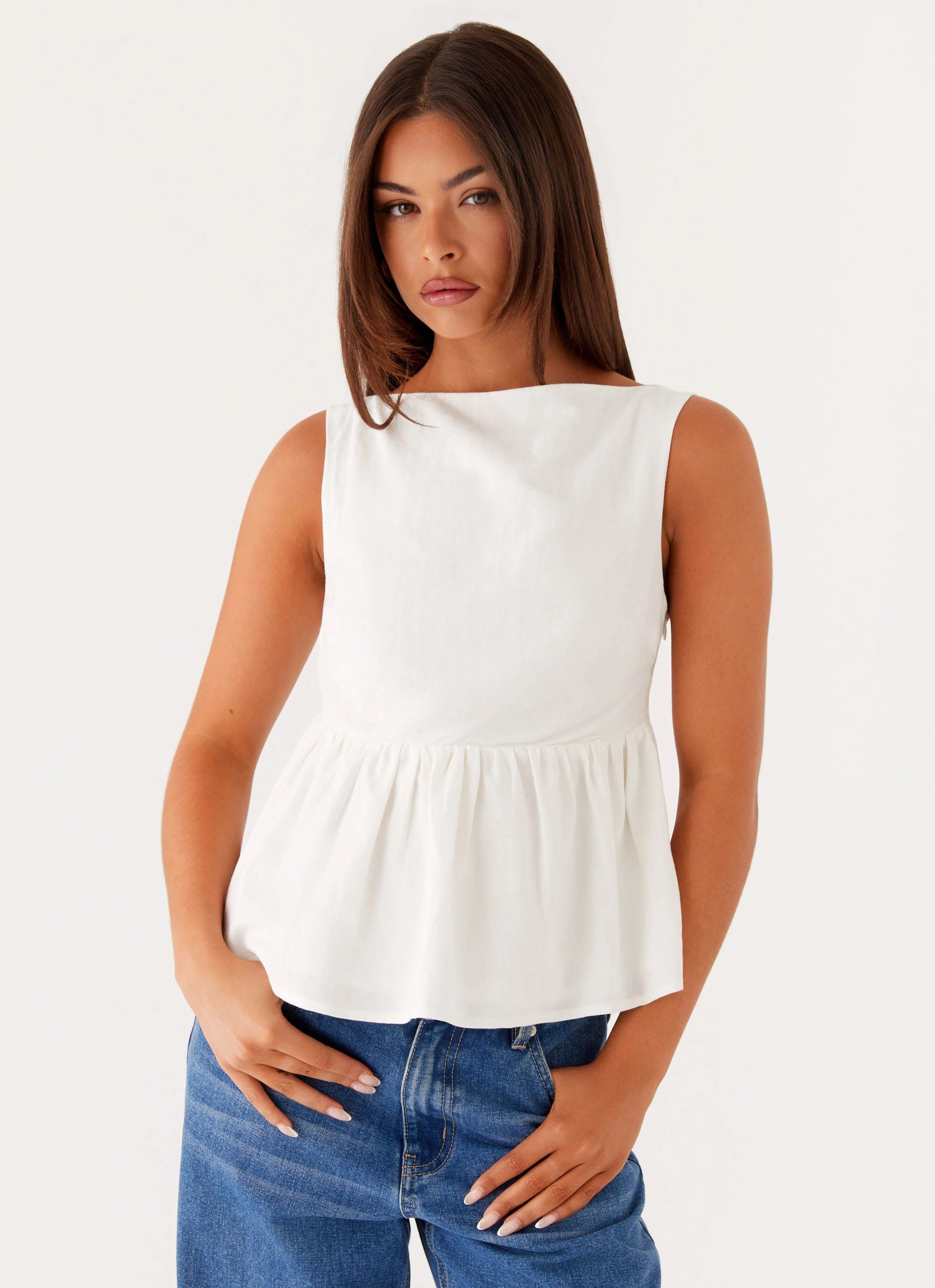 Sallie Linen Top - White Reflective Accent Trim Microfiber Technology