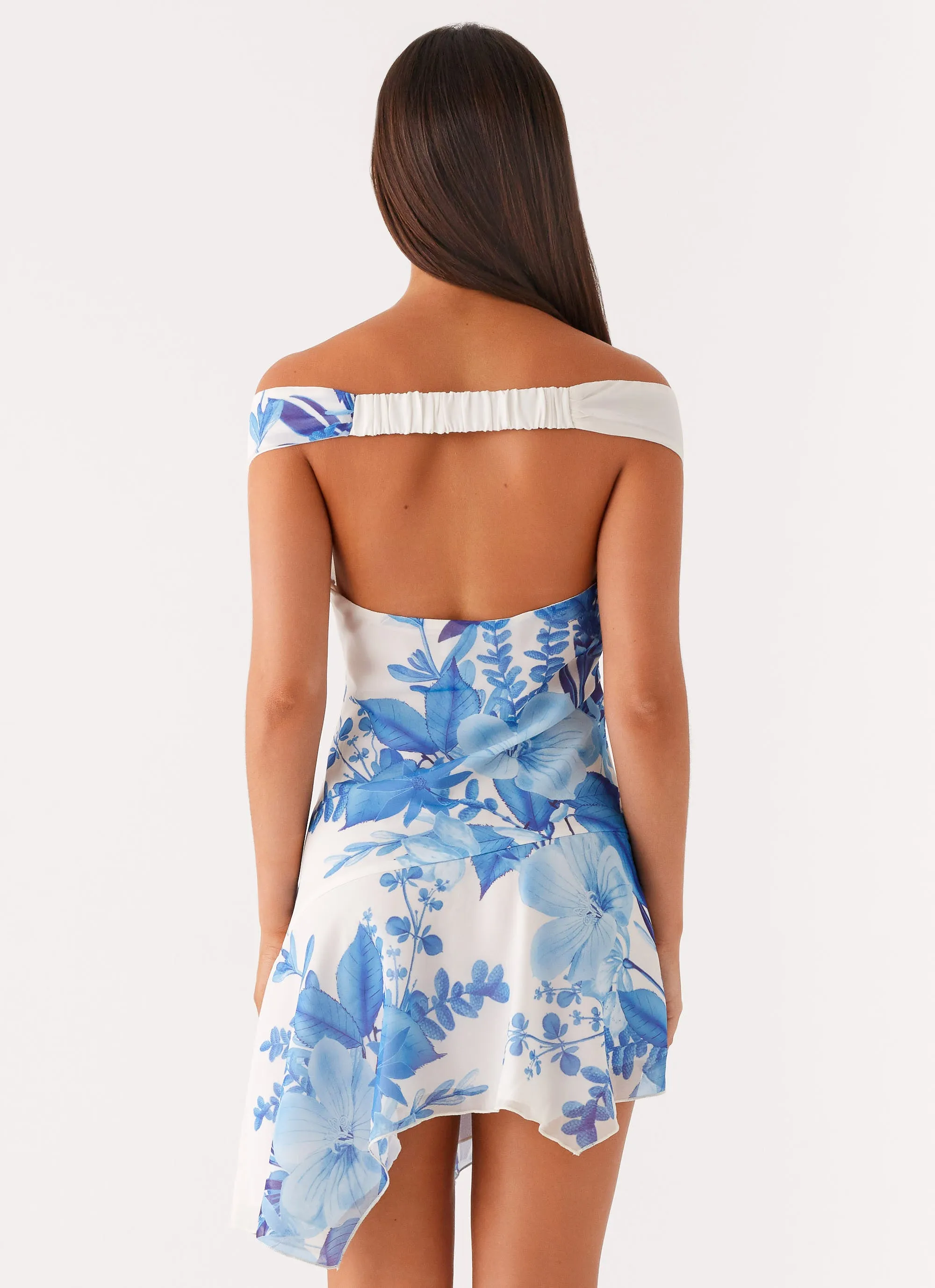 Alma Mini Dress - Blue Floral Print Linen Soft Wedding-Guest