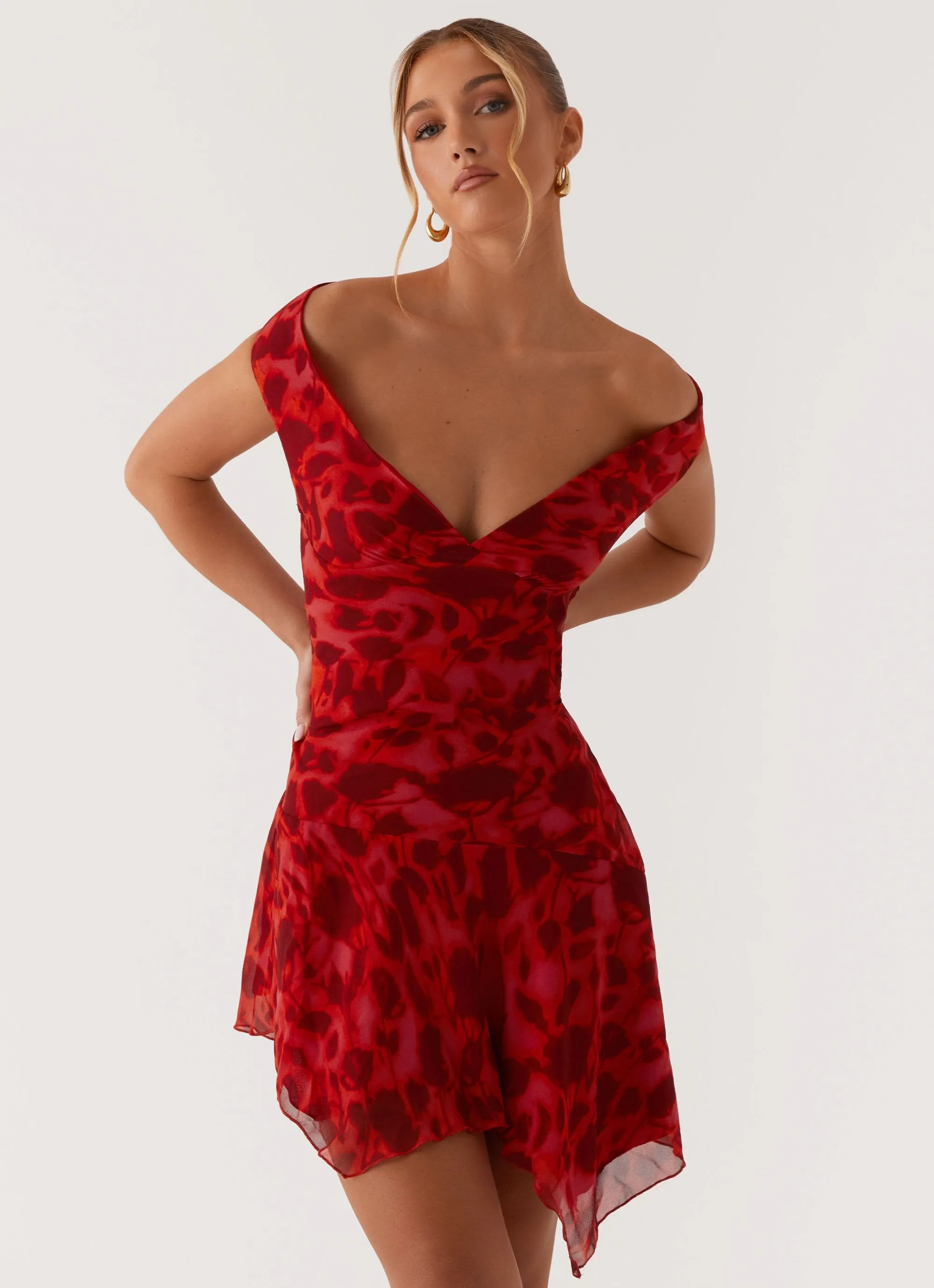 Alma Mini Dress - Deep Red Floral Clean Lines