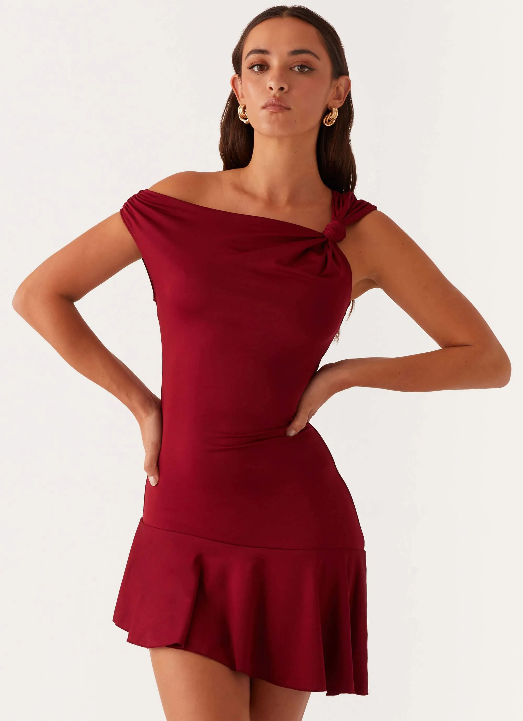 Amaya Twist Mini Dress - Maroon Cotton-Blend Kimono-Sleeve