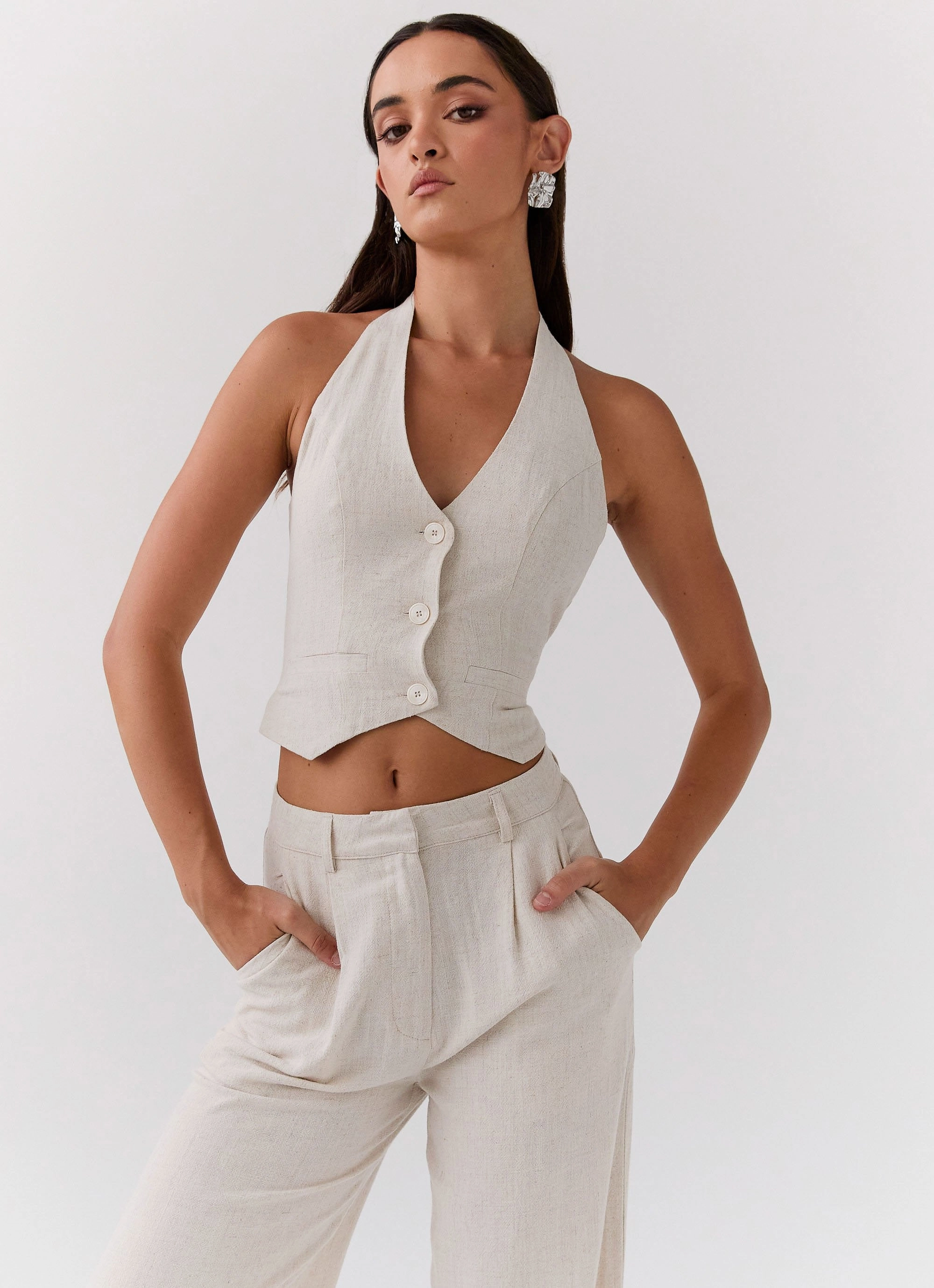Textured Fabric Finish Casual Blouse Ambrosa Halterneck Linen Vest - Oatmeal