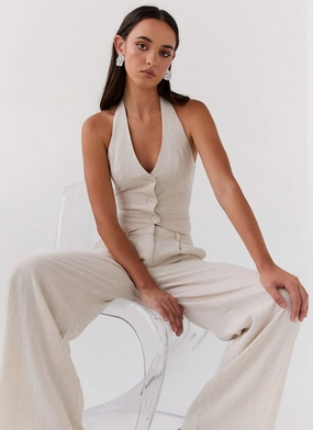 Ambrosa Halterneck Linen Vest - Oatmeal Sporty Style