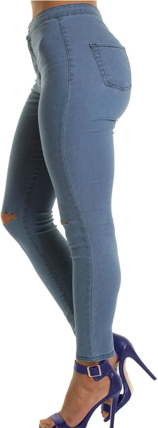 Andongnywell Distressed Jeans Women with Pockets High Waisted Stretch Skinny Jeans Butt Lifting Ripped Hole Denim Pants