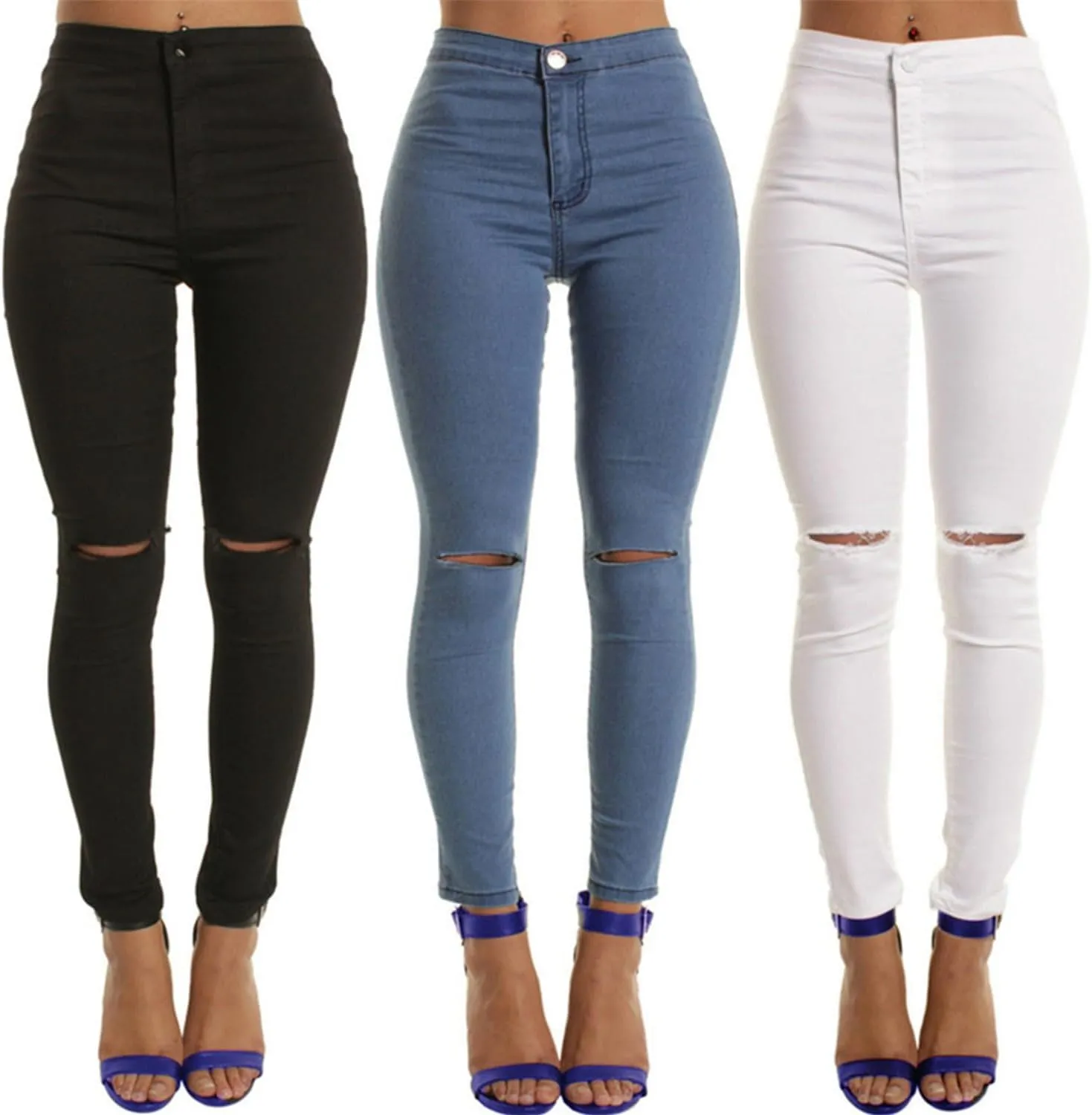Andongnywell Distressed Jeans Women with Pockets High Waisted Stretch Skinny Jeans Butt Lifting Ripped Hole Denim Pants