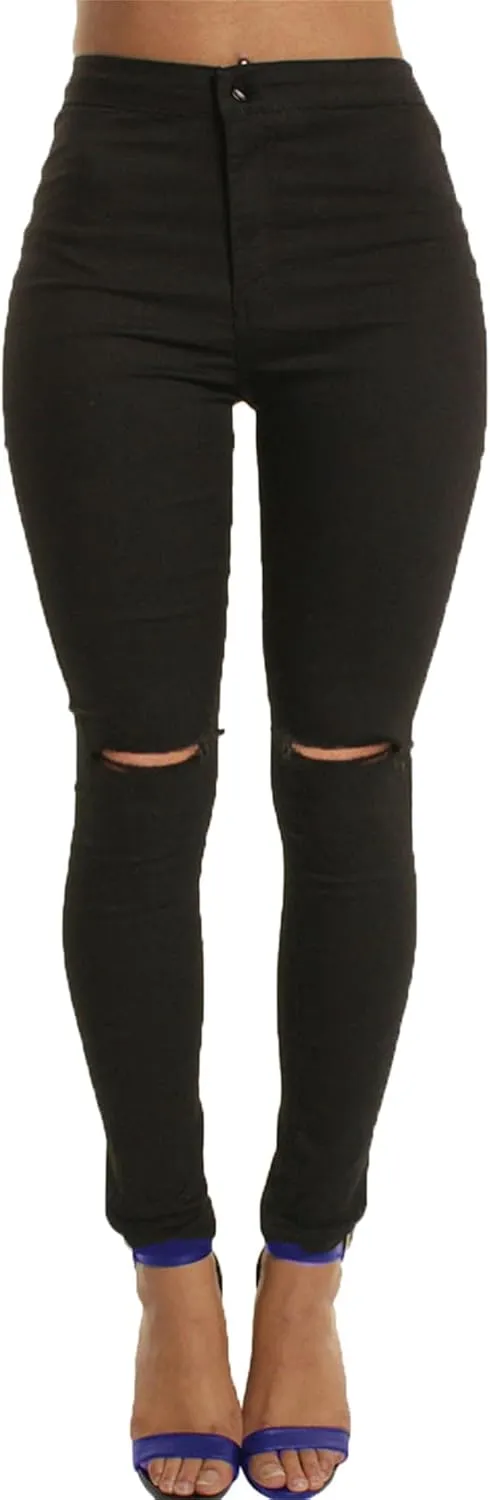 Andongnywell Distressed Jeans Women with Pockets High Waisted Stretch Skinny Jeans Butt Lifting Ripped Hole Denim Pants