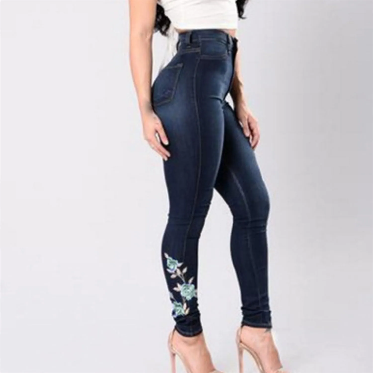 Andongnywell High Waist Stretch Skinny Jeans Women Embroidery Butt Lift Denim Pants Slim Pencil Jeans Sexy Jegging Trousers
