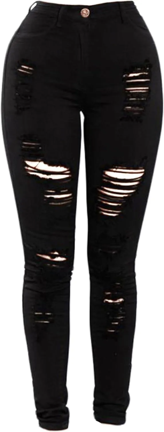 Andongnywell Ripped Hole Jeans Women High Waisted Slim Fit Stretch Denim Pants Skinny Jeans Jegging Distressed Trousers