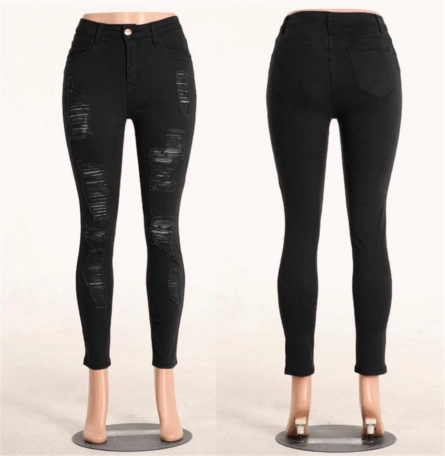Andongnywell Ripped Hole Jeans Women High Waisted Slim Fit Stretch Denim Pants Skinny Jeans Jegging Distressed Trousers