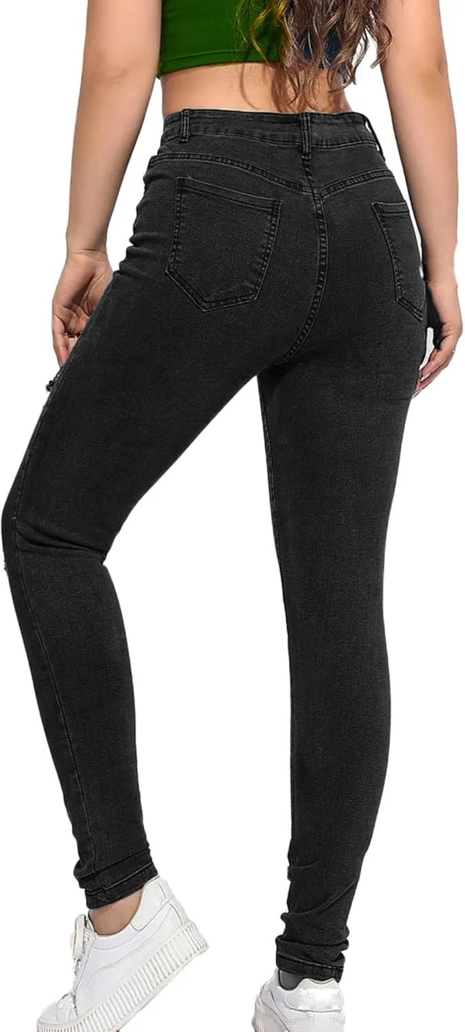 Andongnywell Ripped Hole Jeans Women High Waisted Slim Fit Stretch Denim Pants Skinny Jeans Jegging Distressed Trousers