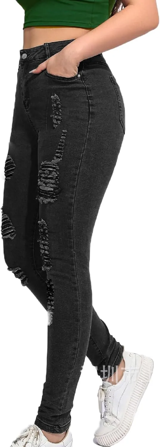 Andongnywell Ripped Hole Jeans Women High Waisted Slim Fit Stretch Denim Pants Skinny Jeans Jegging Distressed Trousers